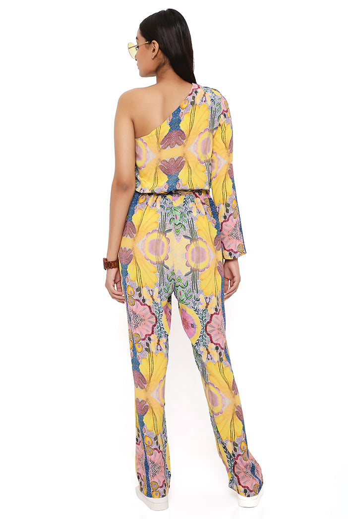 Yellow Enchanted Print Crepe Jumpsuit