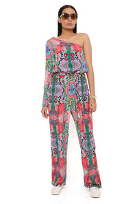 Red Enchanted Print One Shoulder Jumpsuit