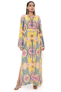 Yellow Enchanted Print Kaftan With Belt