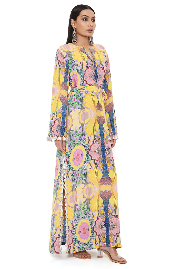 Yellow Enchanted Print Kaftan With Belt