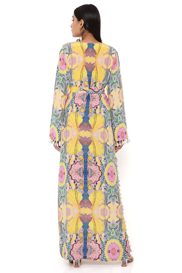 Yellow Enchanted Print Kaftan With Belt