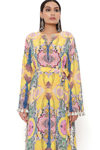 Yellow Enchanted Print Kaftan With Belt