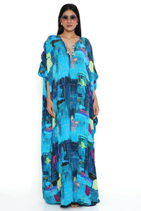 Teal Painterly Print Embroidered Kaftan