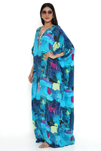 Teal Painterly Print Embroidered Kaftan