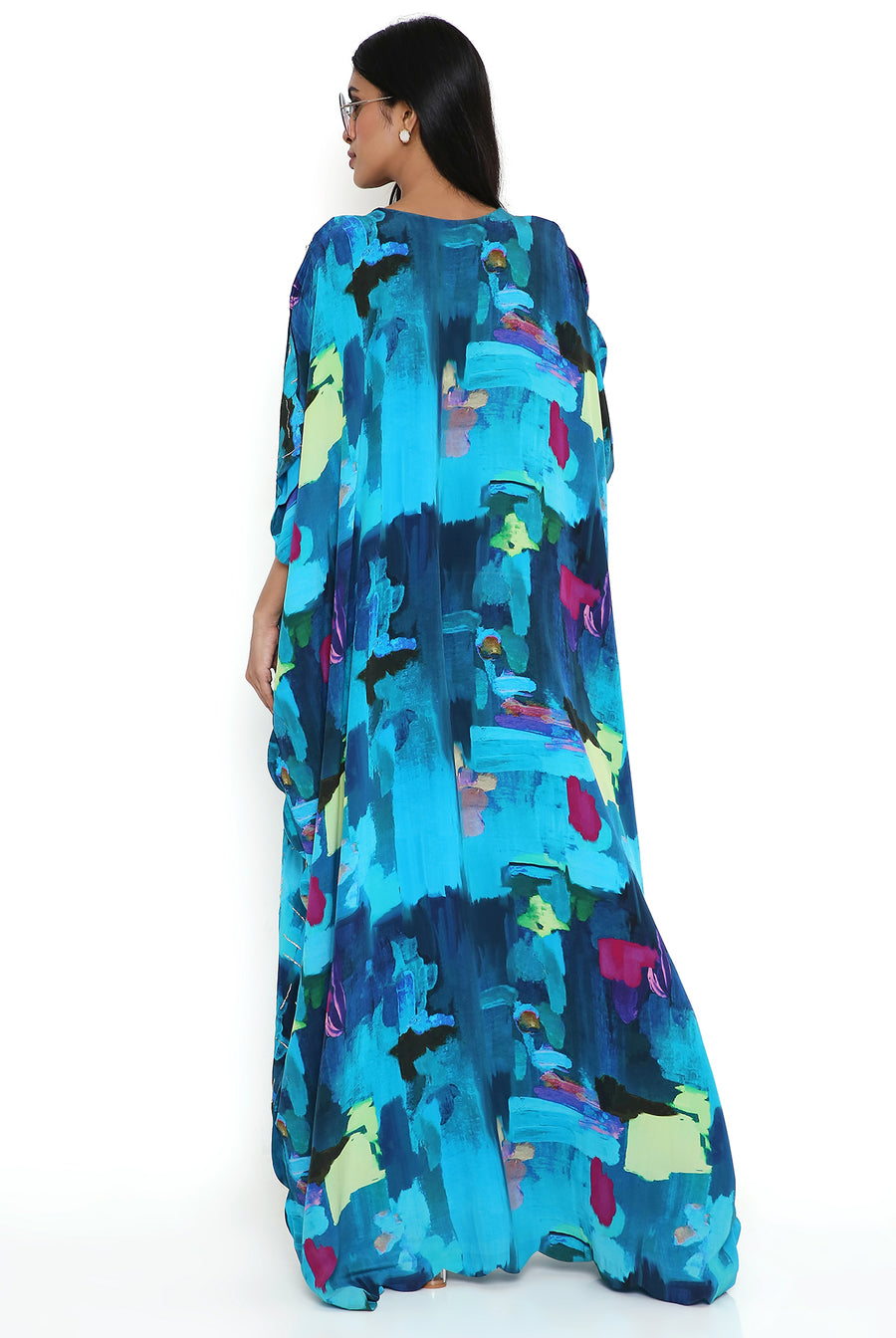 Teal Painterly Print Embroidered Kaftan