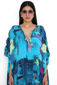 Teal Painterly Print Embroidered Kaftan