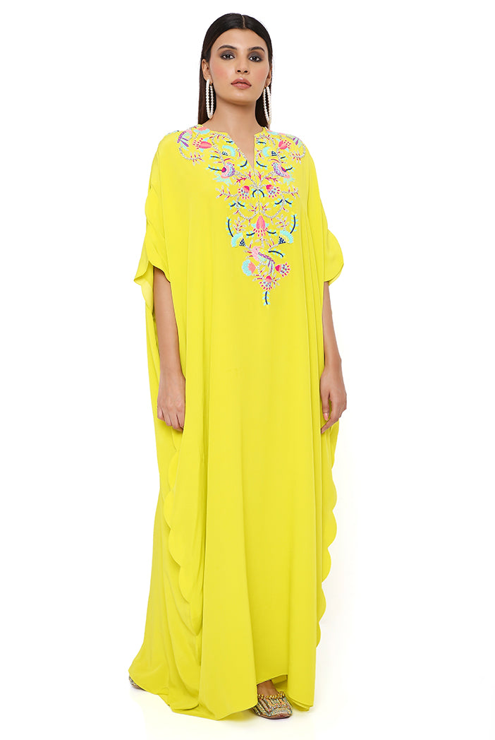 Lime Embroidered Yoke Scalloped Edge Kaftan