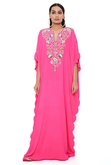 Pink Embroidered Yoke Scalloped Edge Kaftan