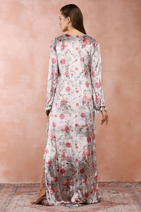 Grey Gulbagh Print Velvet Kaftan With Belt