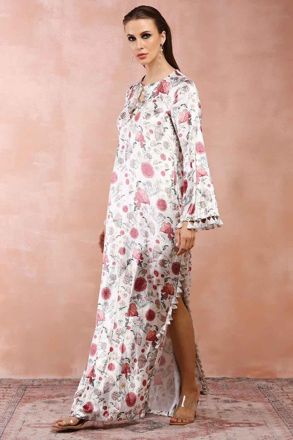 White Gulbagh Print Velvet Kaftan With Belt