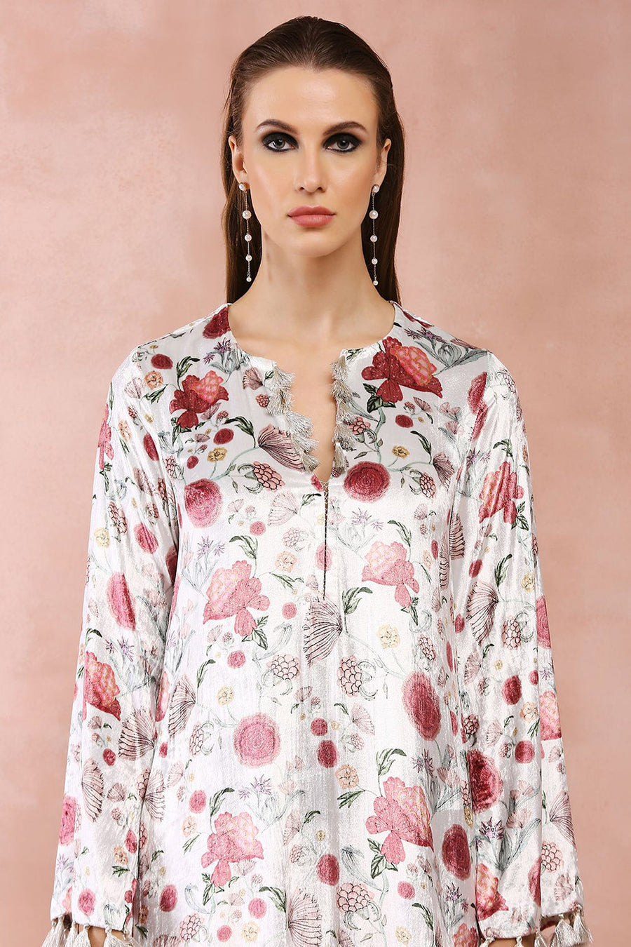 White Gulbagh Print Velvet Kaftan With Belt