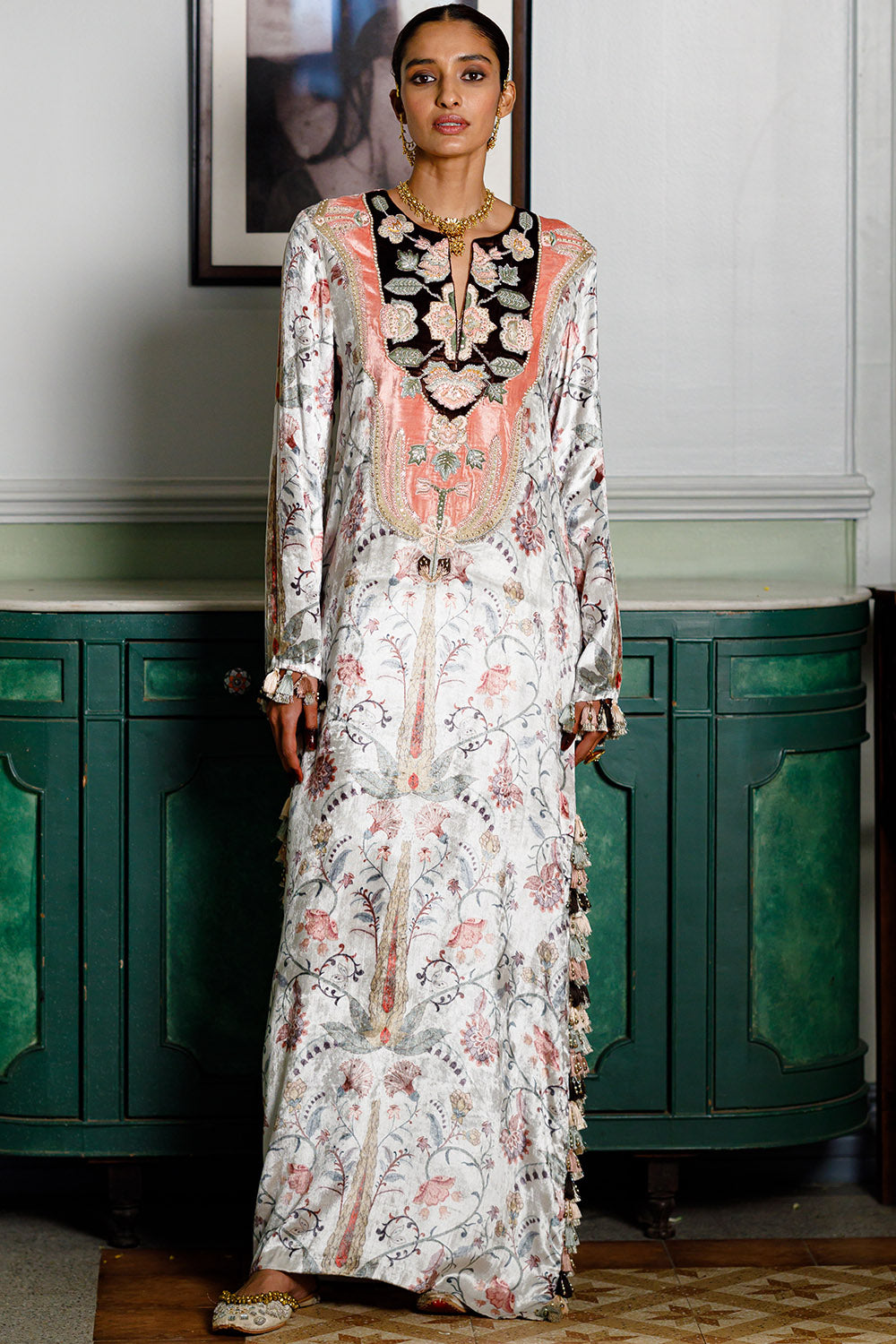 Velvet Ochre Forest Whisper Embroidered Kaftan