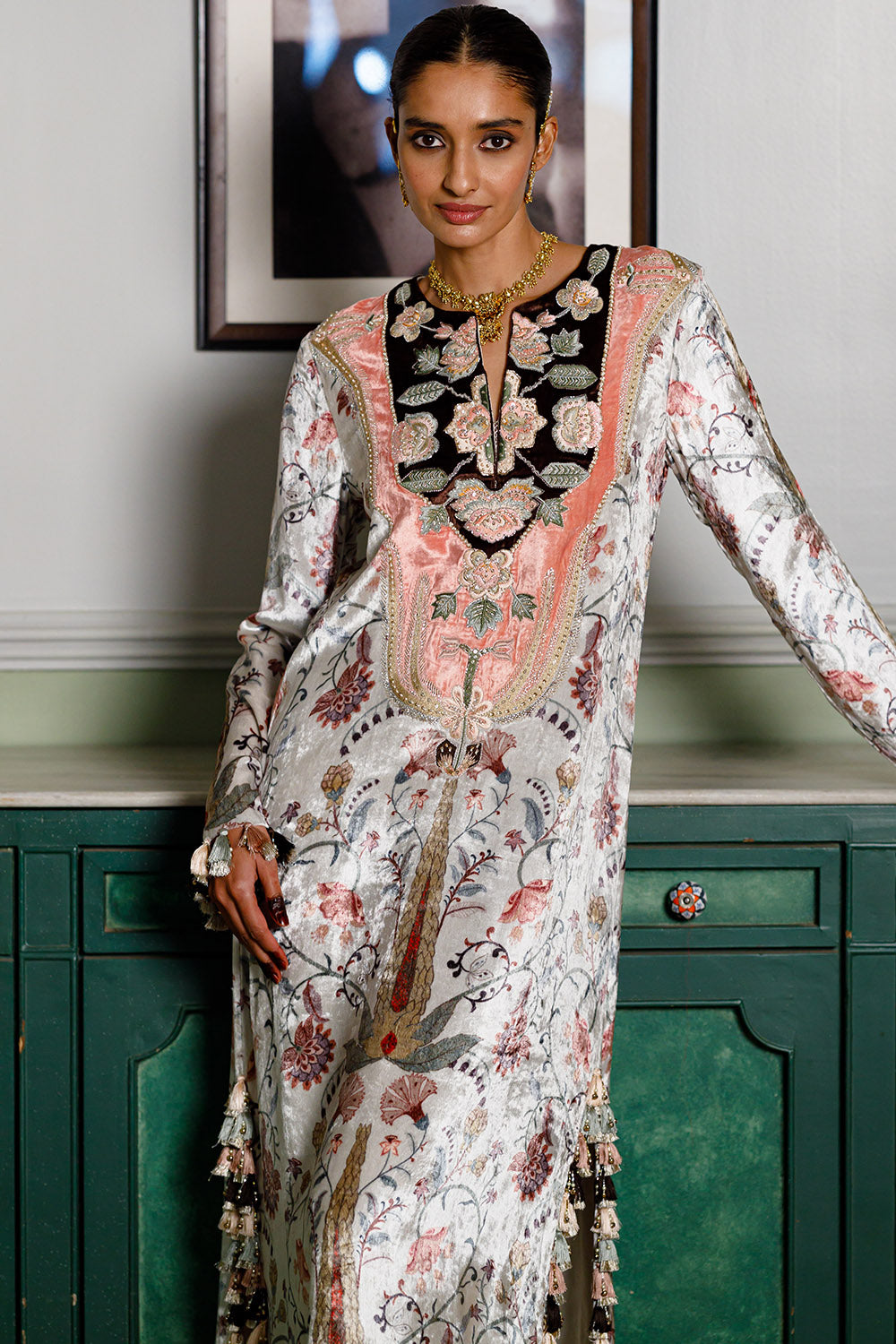 Velvet Ochre Forest Whisper Embroidered Kaftan