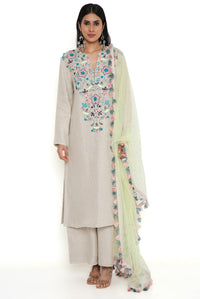 Khakhi Linen Kurta And Pallazo With Net Dupatta