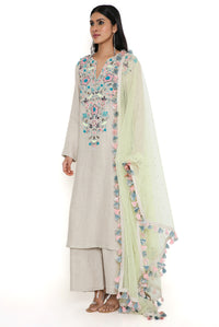 Khakhi Linen Kurta And Pallazo With Net Dupatta