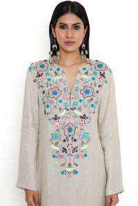 Khakhi Linen Kurta And Pallazo With Net Dupatta