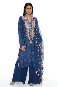 Blue Print Kurta With Pallazo And Dupatta