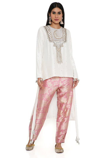 Off-White High Low Kurta With Rose Pink Pant