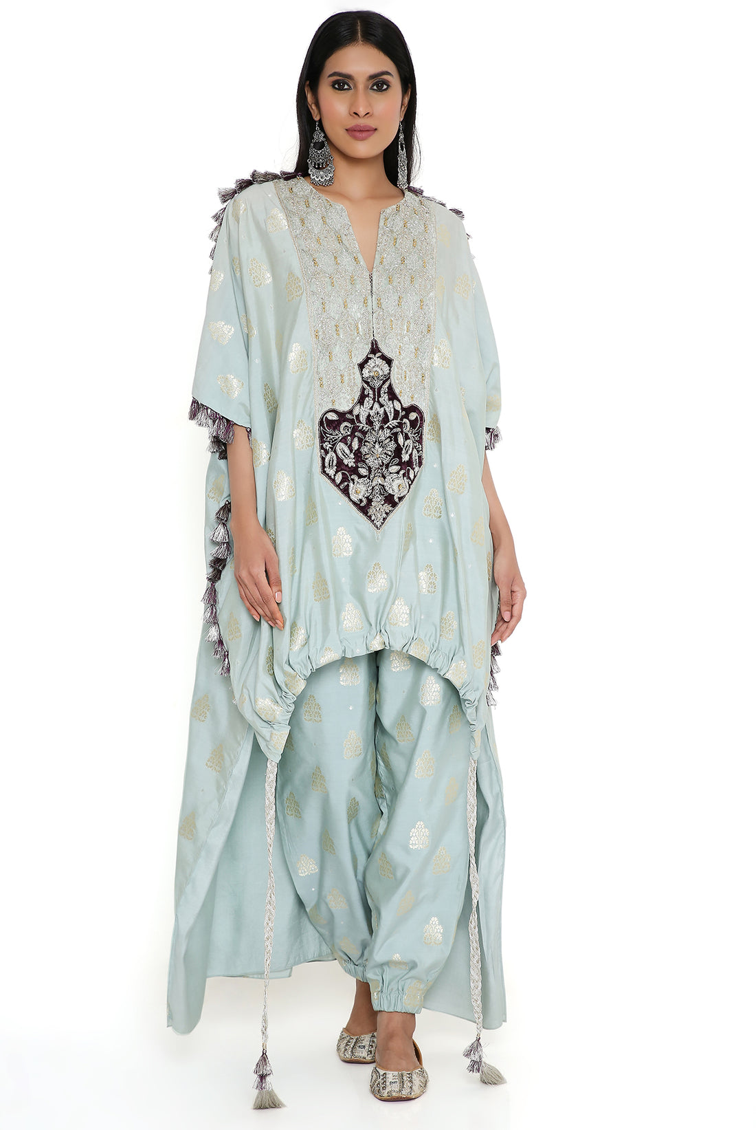 Powder Blue Banarasi High Low Kurta With Joggers