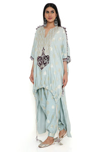 Powder Blue Banarasi High Low Kurta With Joggers