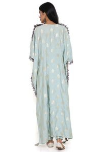 Powder Blue Banarasi High Low Kurta With Joggers