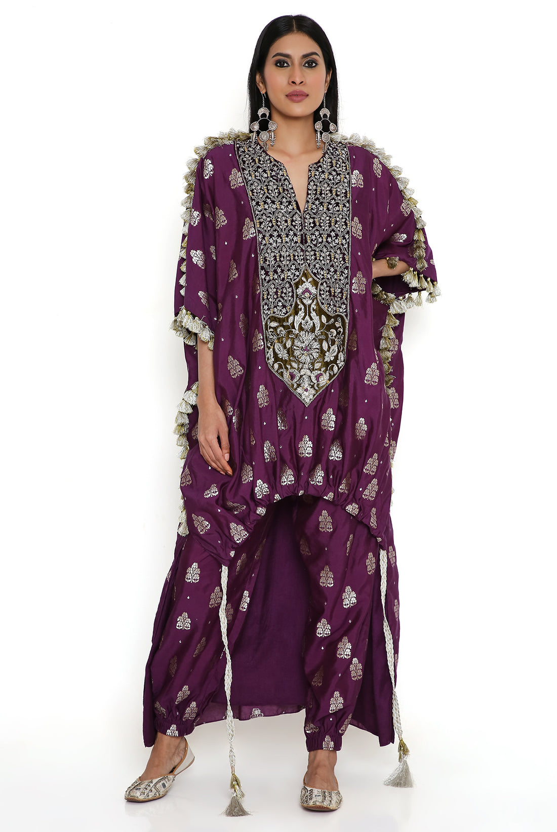 Purple Banarasi High Low Kurta With Jogger Pant