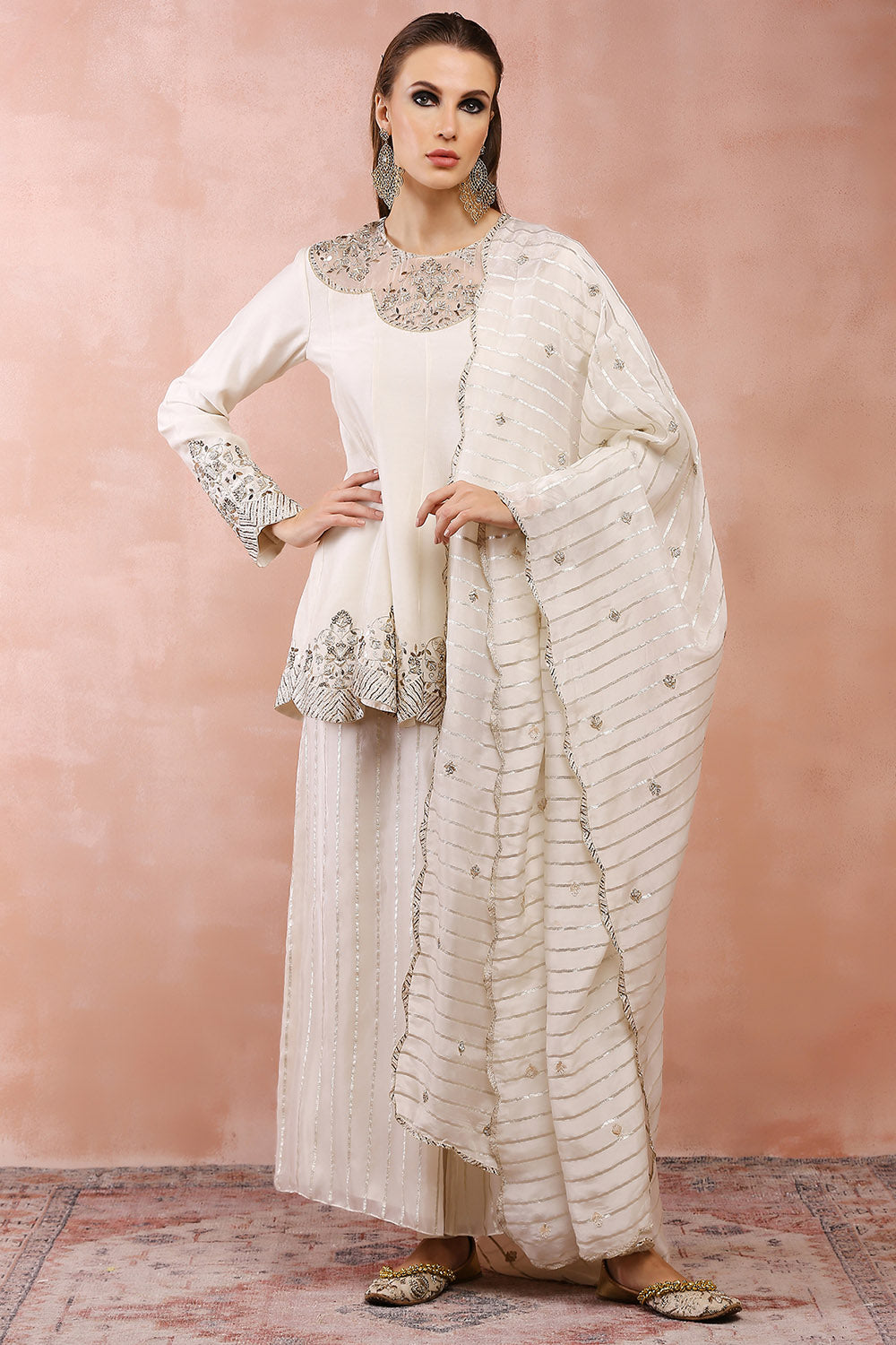 Off White Embroidered Kurta With Palazzo And Dupatta