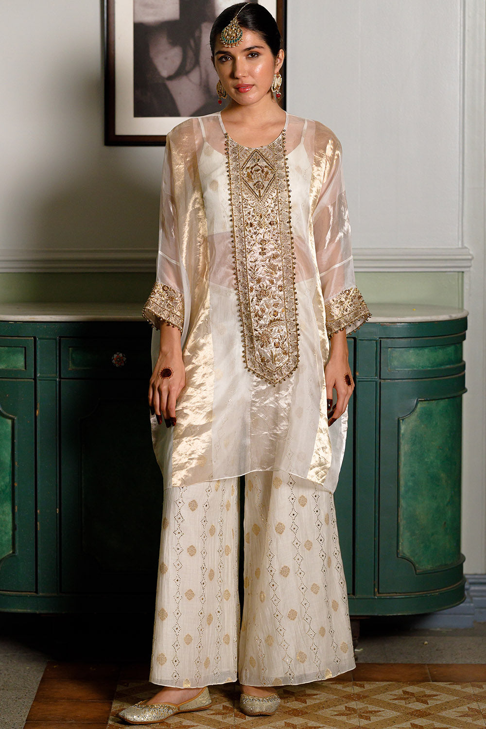 Parhez Gold Embroidered Tunic, Bustier And Palazzo
