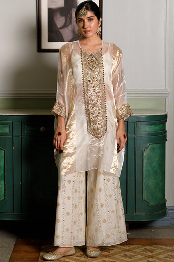 Parhez Gold Embroidered Tunic, Bustier And Palazzo