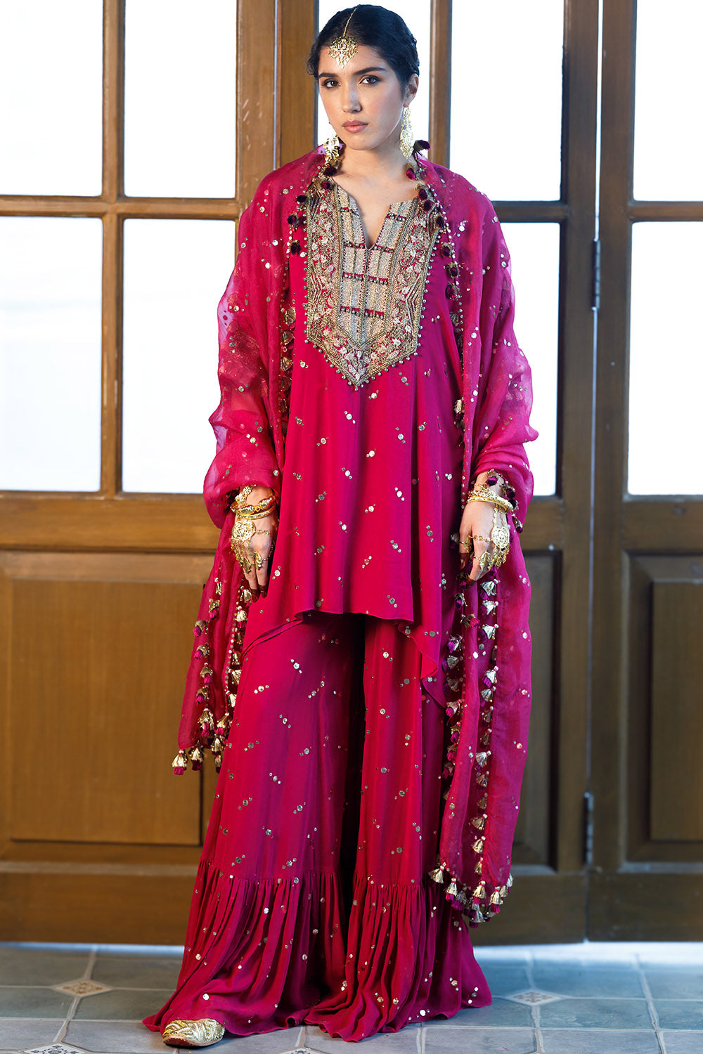 Magenta Pink Embroidered Kaftan And Sharara Set
