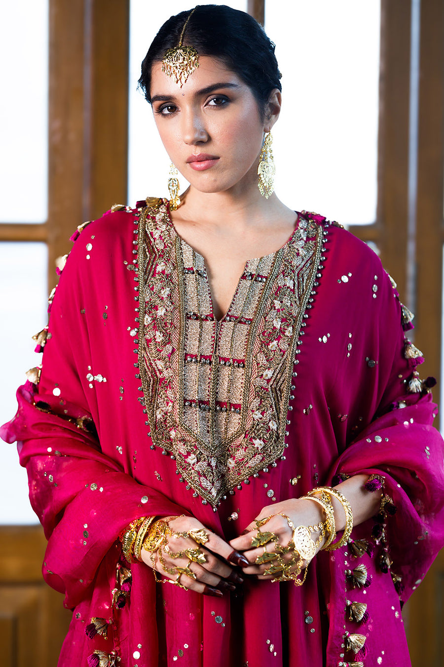 Magenta Pink Embroidered Kaftan And Sharara Set