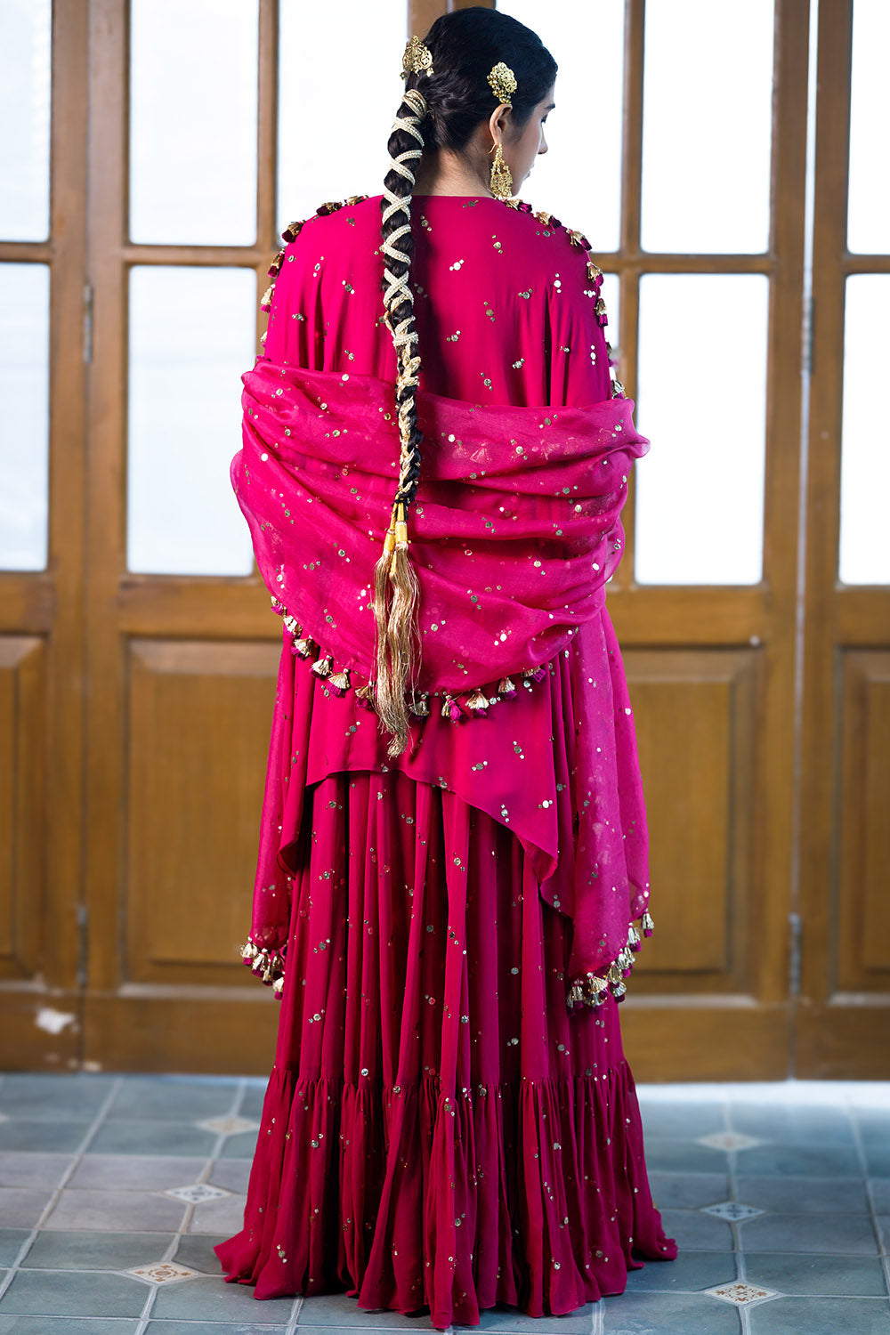Magenta Pink Embroidered Kaftan And Sharara Set