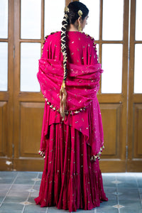 Magenta Pink Embroidered Kaftan And Sharara Set