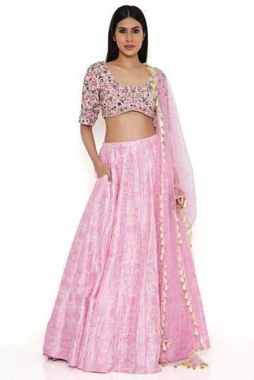 Pink Choli With Ps Print Silk Lehgenga And Dupatta