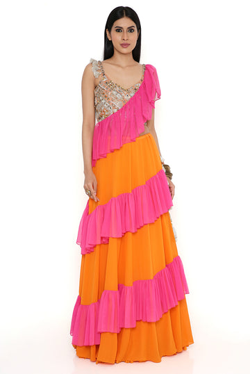 Orange Choli With Lehenga And Pink Soft Net Frills