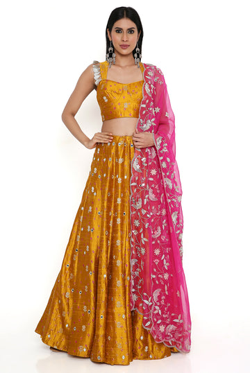 Mustard Bustier With Lehenga And Pink Dupatta