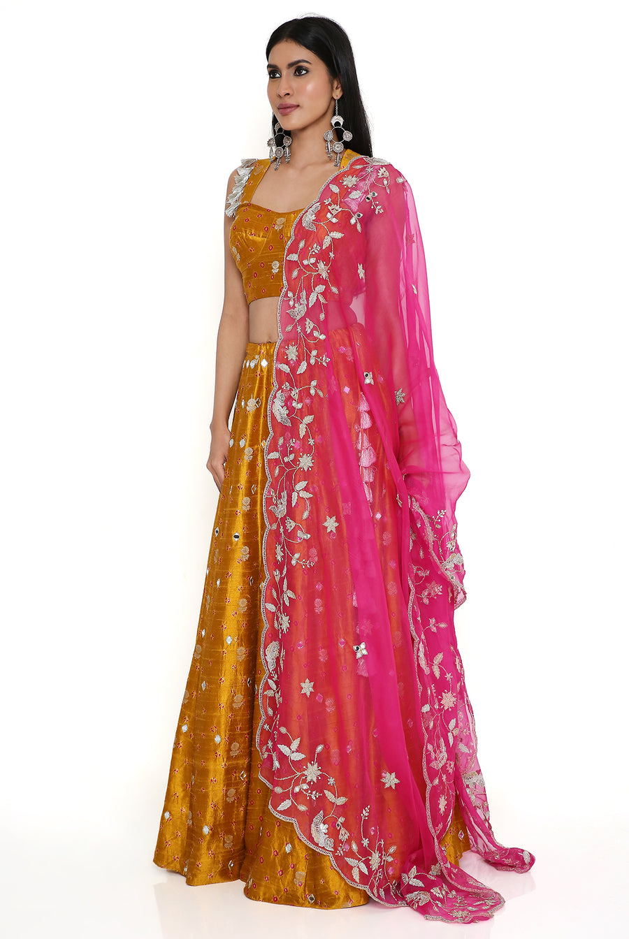 Mustard Bustier With Lehenga And Pink Dupatta