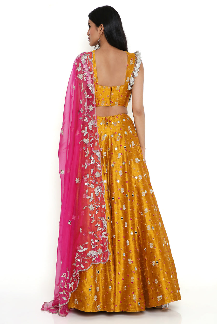 Mustard Bustier With Lehenga And Pink Dupatta