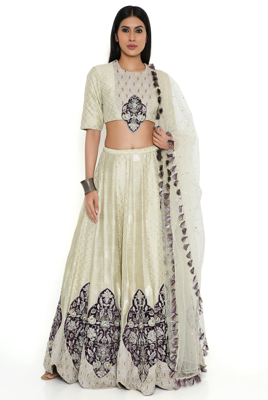 Mint Banarasi Silk Embroidered Choli And Lehenga With Dupatta