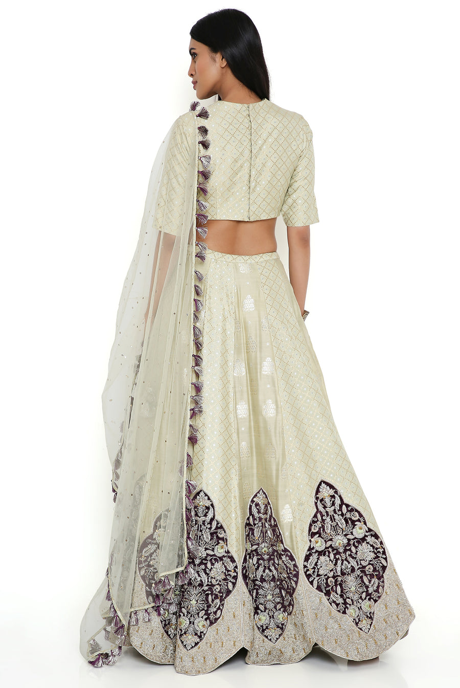 Mint Banarasi Silk Embroidered Choli And Lehenga With Dupatta