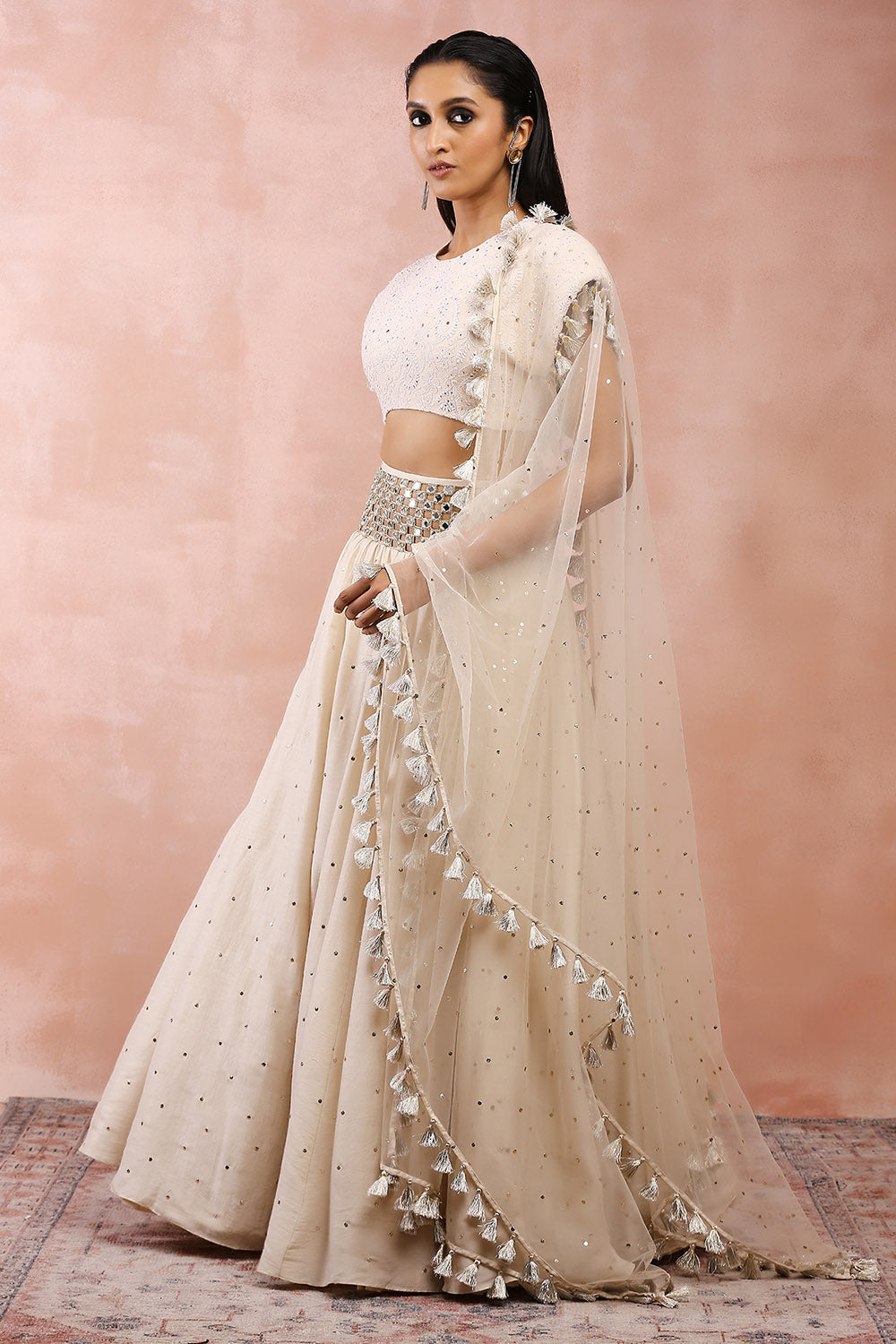 Cream Top With Embroidered Belt Lehenga And Dupatta