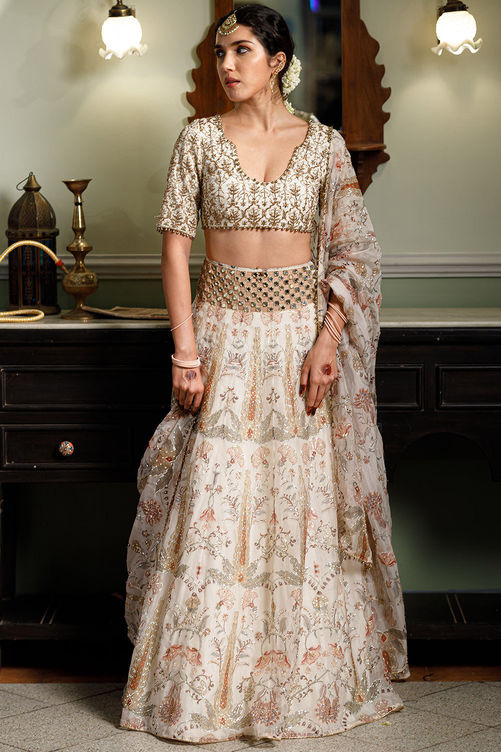 Sultana Cream Embroidered & Printed Lehenga Set
