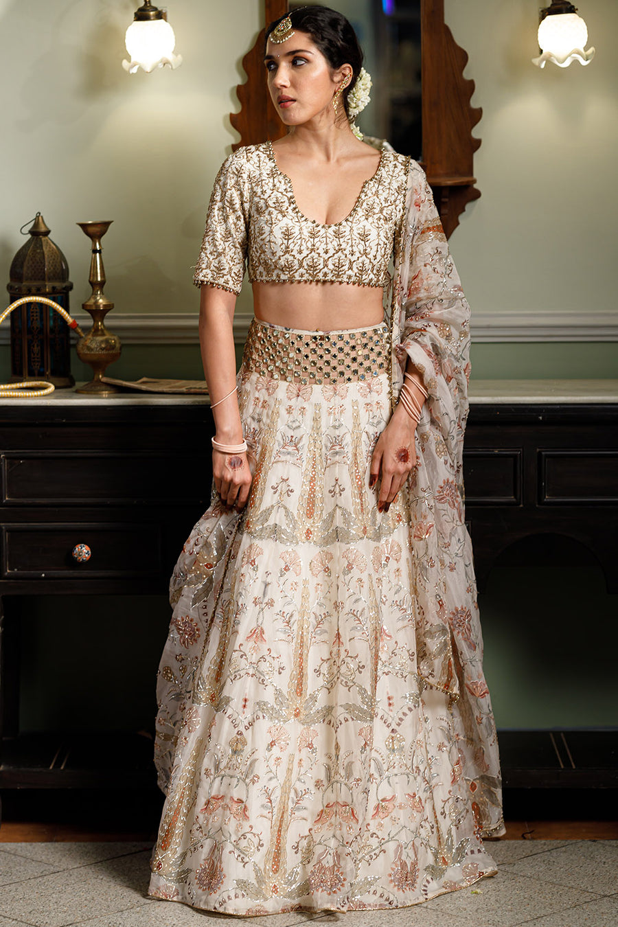 Sultana Cream Embroidered & Printed Lehenga Set