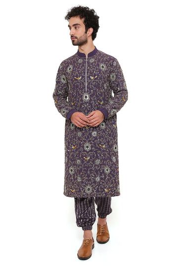 Purple Chanderi Stripe Bomber Kurta With Jogger