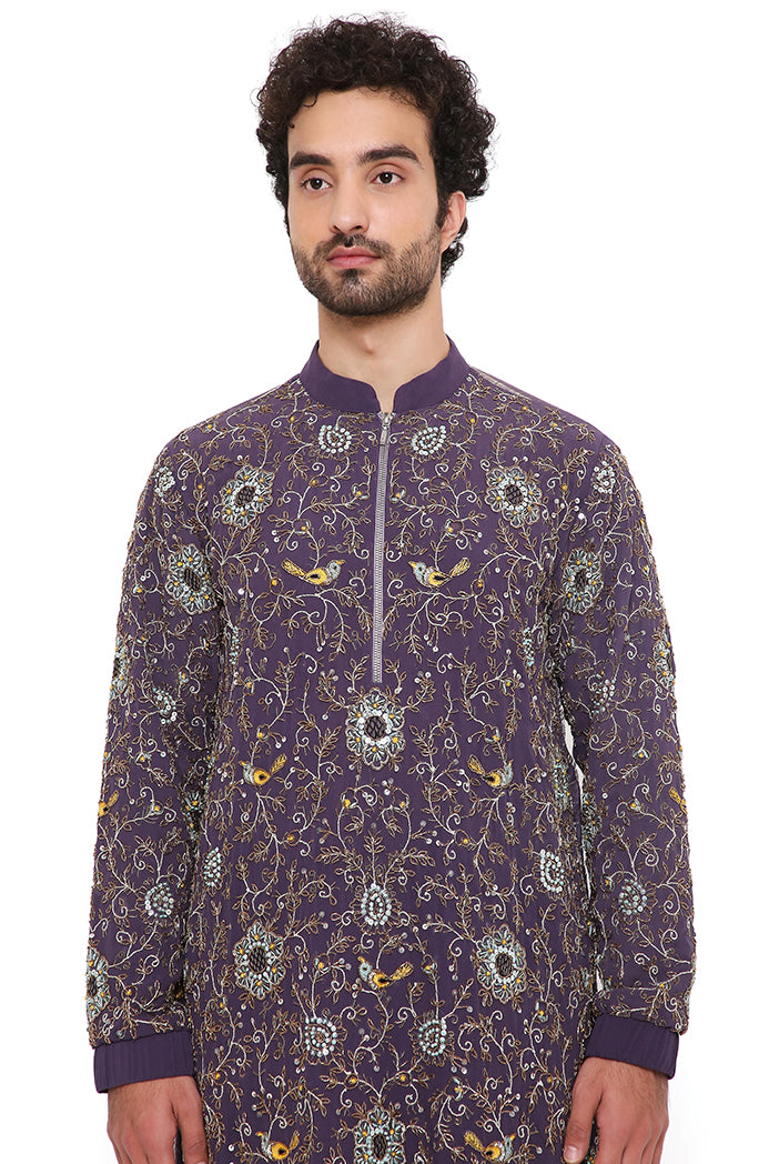 Purple Chanderi Stripe Bomber Kurta With Jogger