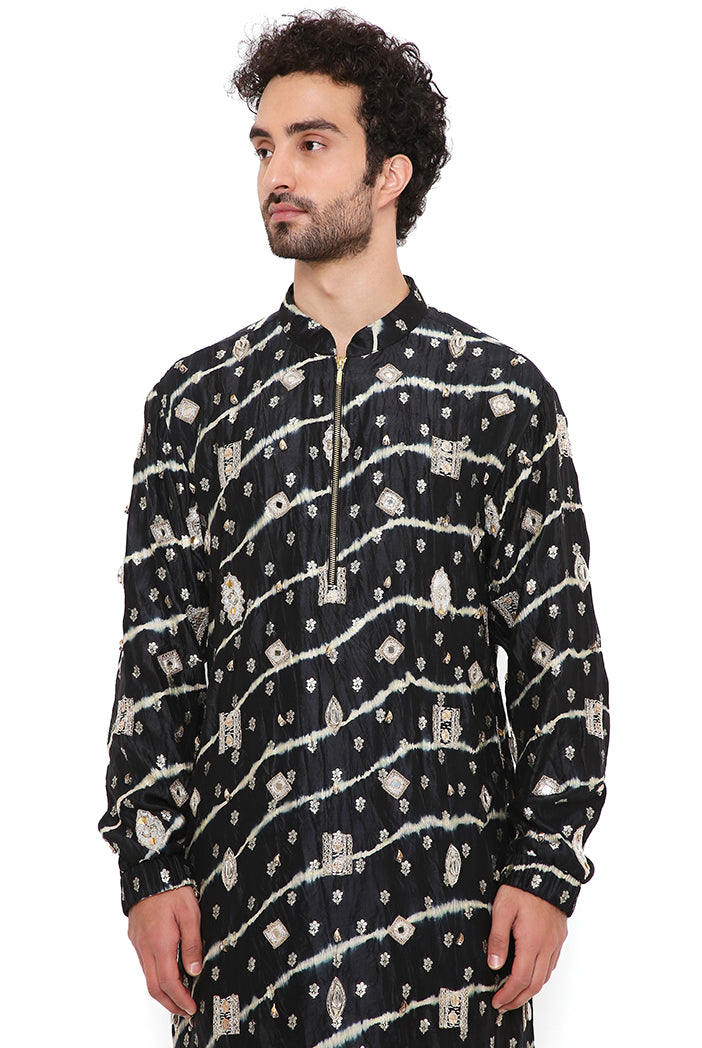 Black Silk Embroidered Bomber Kurta With Jogger