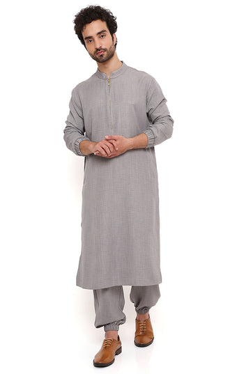 Grey Soft Linen Bomber Kurta With Jogger