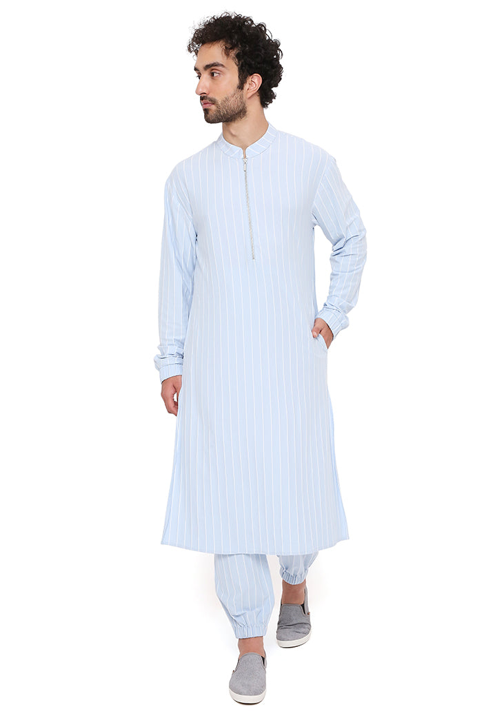 Aqua Lycra Stripe Bomber Kurta With Jogger Pant