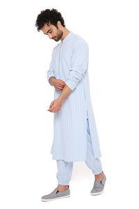 Aqua Lycra Stripe Bomber Kurta With Jogger Pant