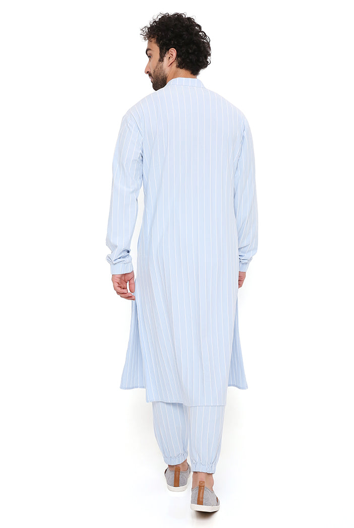 Aqua Lycra Stripe Bomber Kurta With Jogger Pant